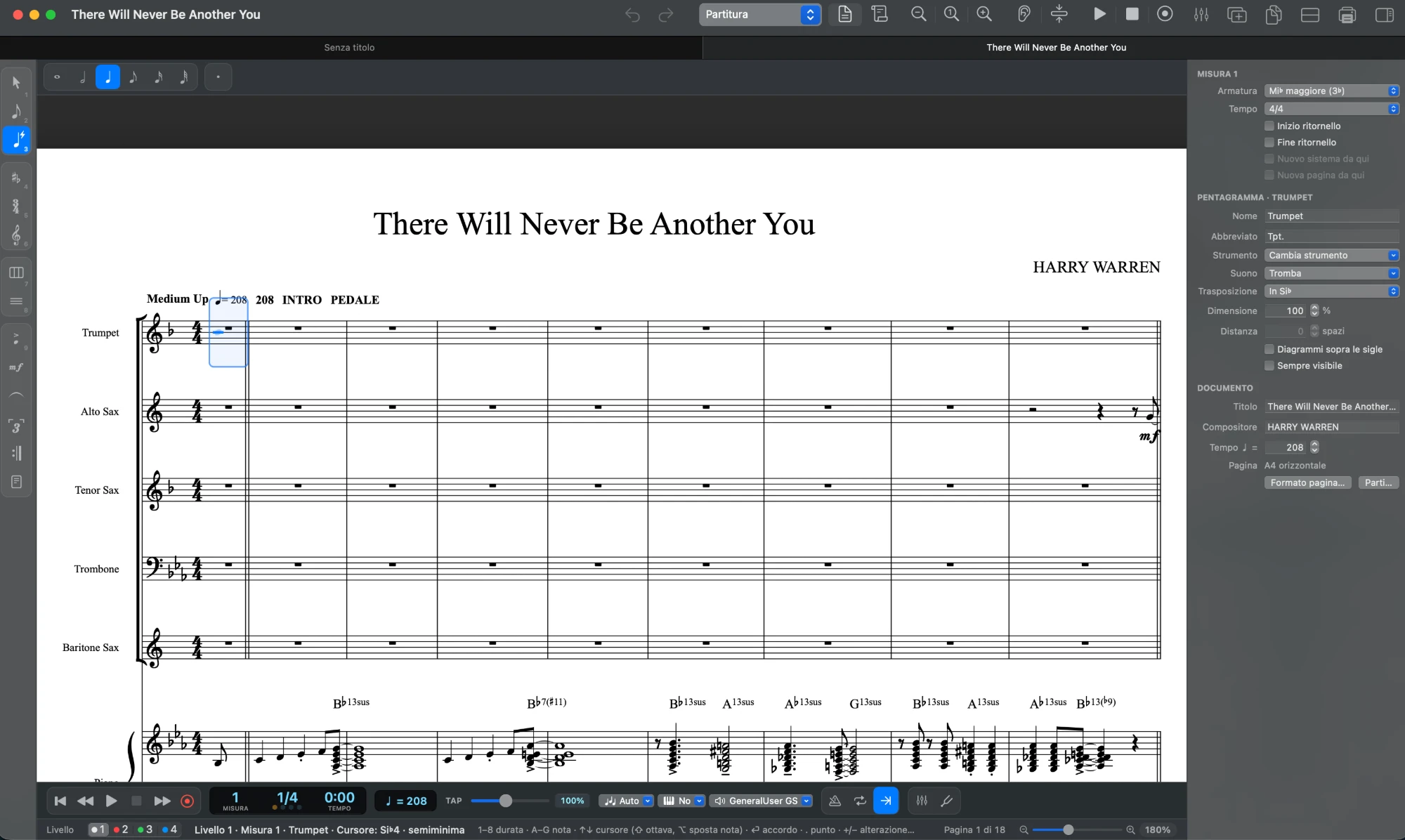 La finestra di Maestro con la partitura per big band di There Will Never Be Another You